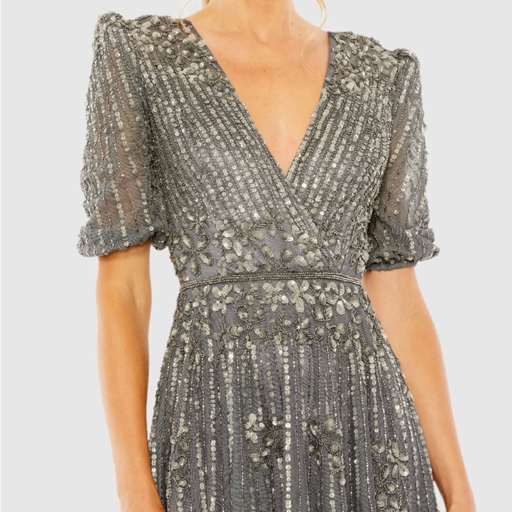 Mac Duggal Puff Sleeve Quarter Length V-Neck Dress